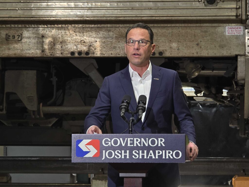 Gov. Josh Shapiro speaks after touring a SEPTA rail shop