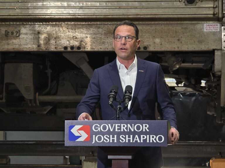 Gov. Josh Shapiro speaks after touring a SEPTA rail shop