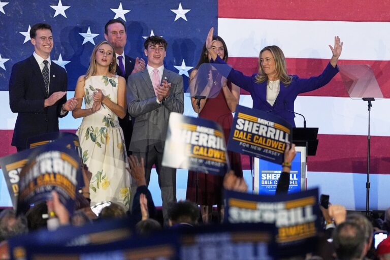 New Jersey Democratic Gov. elect Mikie Sherrill speaks during an election night party in East Brunswick, N.J., Tuesday, Nov. 4, 2025.