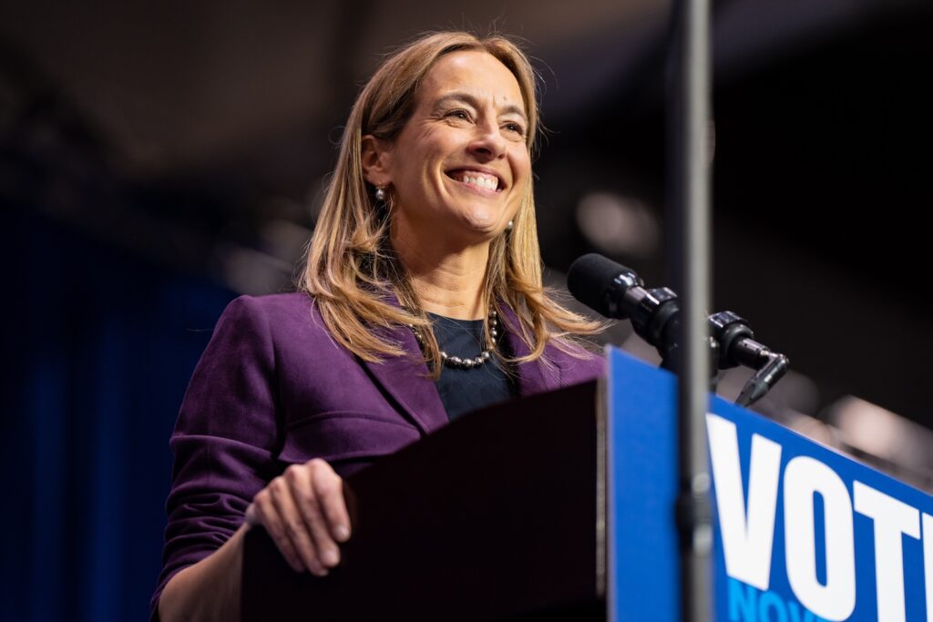 New Jersey Democratic gubernatorial candidate Mikie Sherrill speaks at her rally during a campaign event, Saturday, Nov. 1, 2025, in Newark, N.J.