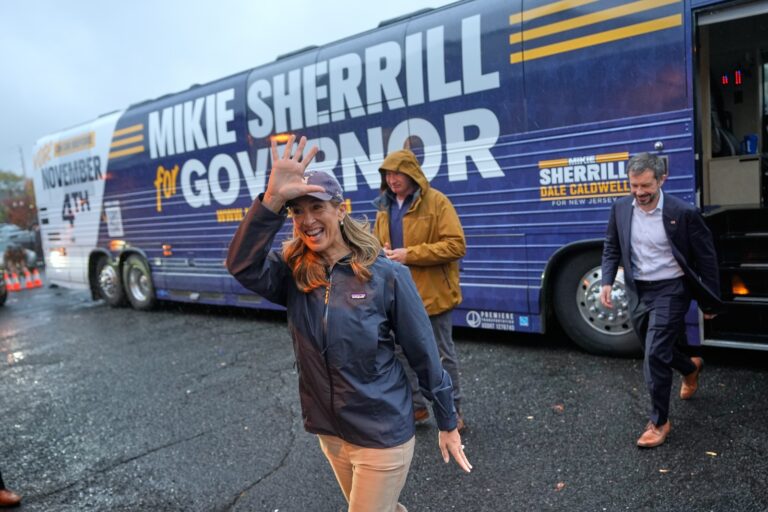New Jersey gubernatorial candidate Mikie Sherrill arrives to a campaign stop at a train station in Westfield, N.J., Thursday, Oct. 30, 2025.