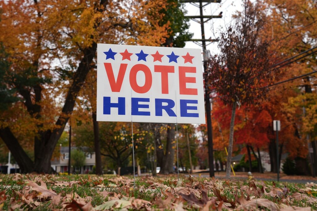 Election 2025 New Jersey A ''Vote Here'' sign indicates a polling place in Cherry Hill, Tuesday, N.J., Oct. 28, 2025.