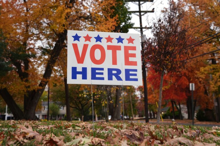 A ''Vote Here'' sign indicates a polling place in Cherry Hill, Tuesday, N.J., Oct. 28, 2025.