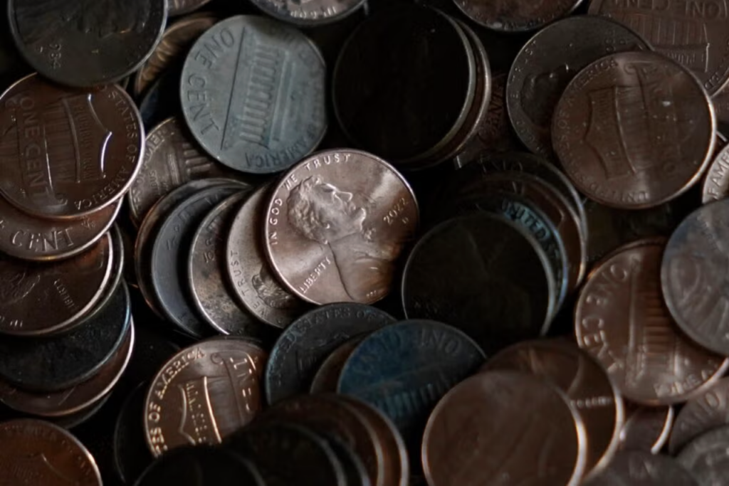 Pennies are piled up Feb. 10, 2025,