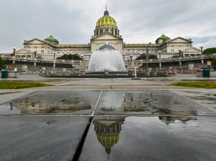 The Pennsylvania State Capitol is reflected on the ground