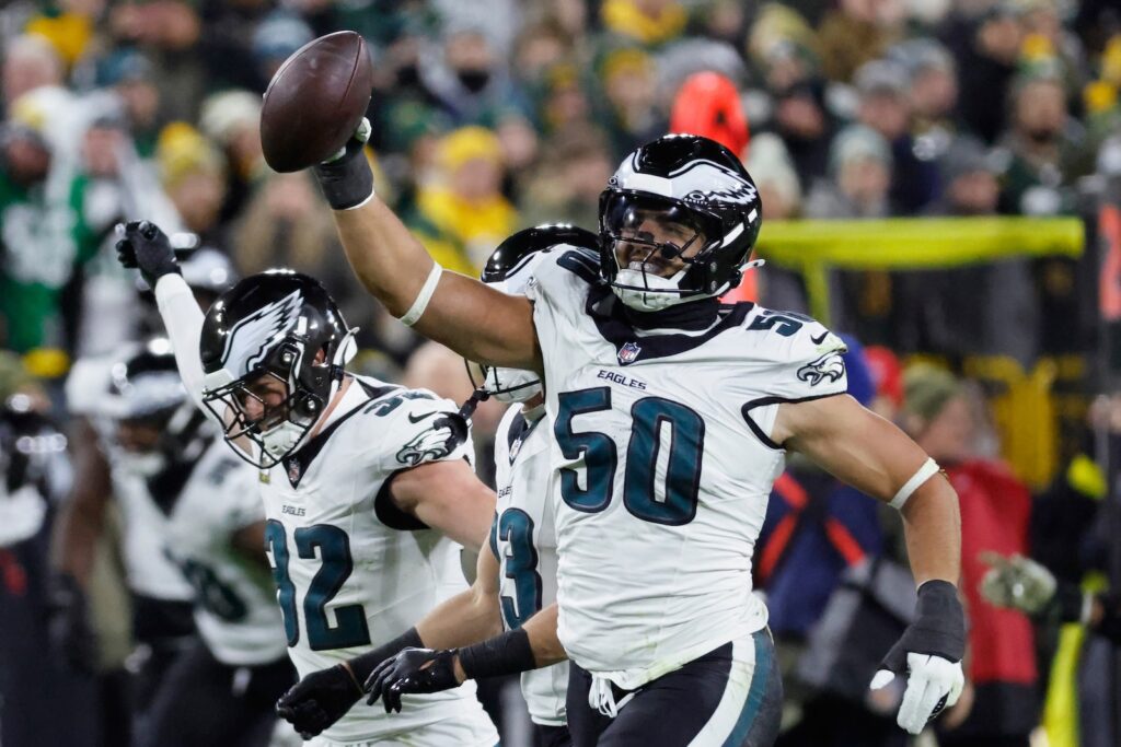 Eagles Packers Football Philadelphia Eagles linebacker Jaelan Phillips (50) celebrates a fumble recovery against the Green Bay Packers during the first half of an NFL football game Monday, Nov. 10, 2025, in Green Bay, Wis.