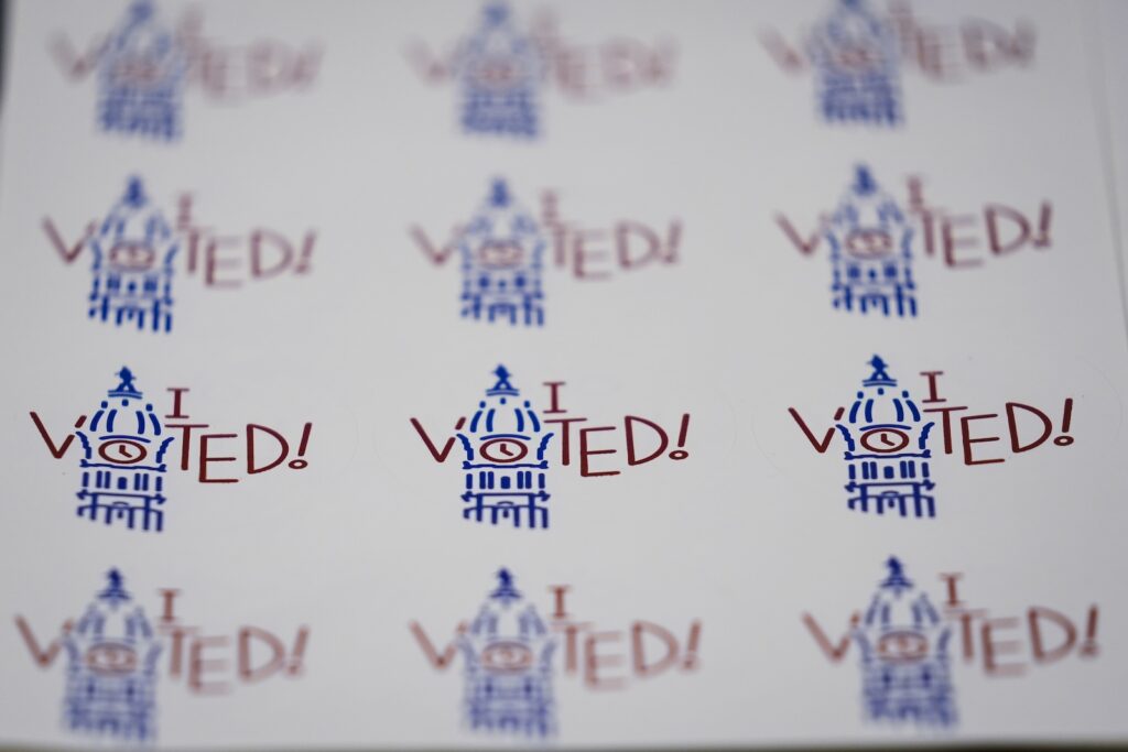 Election 2024 Pennsylvania ''I Voted'' stickers are displayed at the Philadelphia election warehouse in Philadelphia on Oct. 25, 2024.