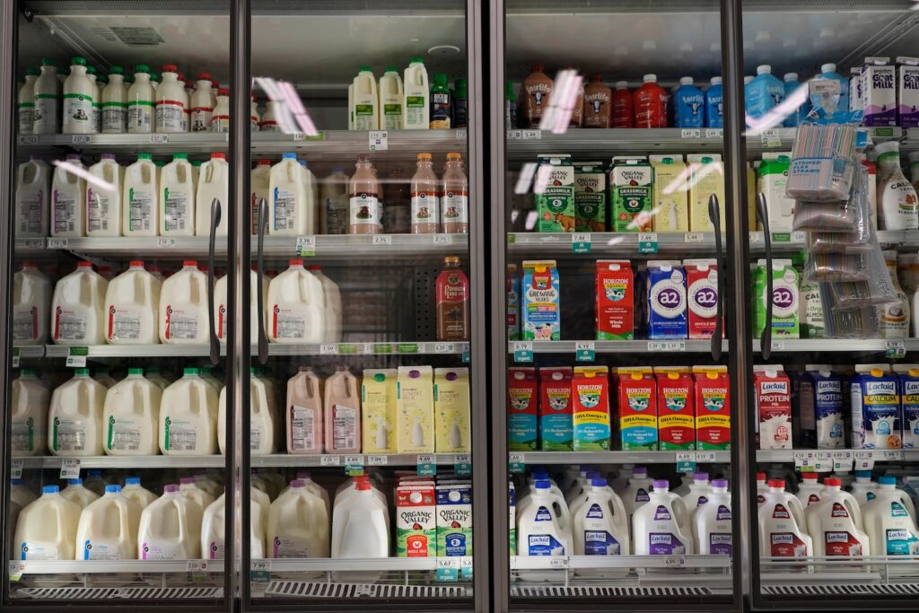 Dairy products, which are covered by the USDA Supplemental Nutrition Assistance Program (SNAP), is displayed for sale at a grocery store Friday, Oct. 31, 2025.