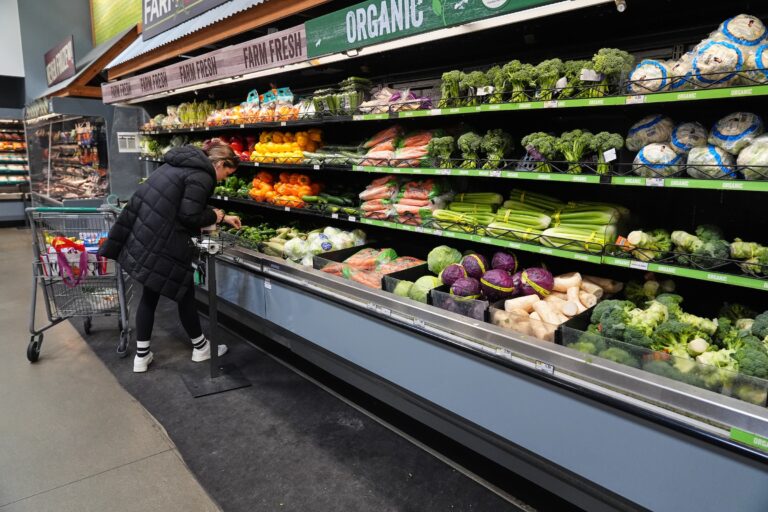 A person shops for produce at a grocery store