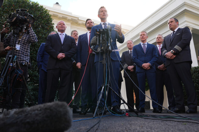 Transportation Secretary Sean Duffy speaks to the media