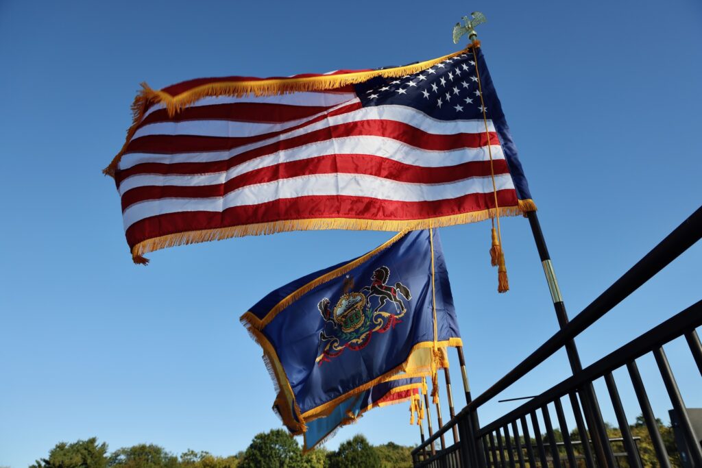 2025 10 09-e lee-philadelphia navy yard-250th anniversary flags Flags fly at the Philadelphia Navy Yard in celebration of the 250th anniversary of the United States Navy and Marine Corps.