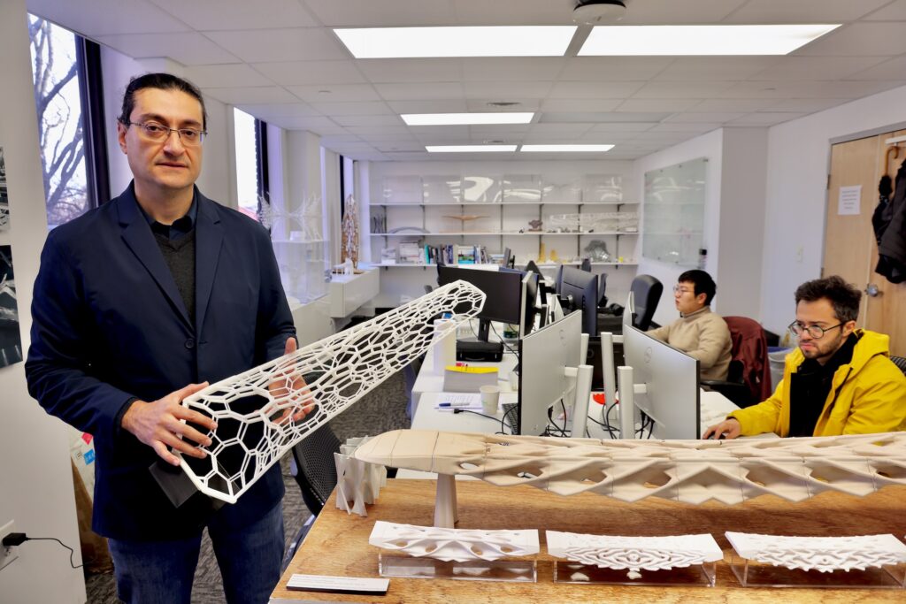 2025 12 12-e lee-masoud akbarzadeh-philadelphia pennovation center-3d printed concrete dragonfly wing Masoud Akbarzadeh, a professor of architecture at the University of Pennsylvania, works with students to design concrete structures