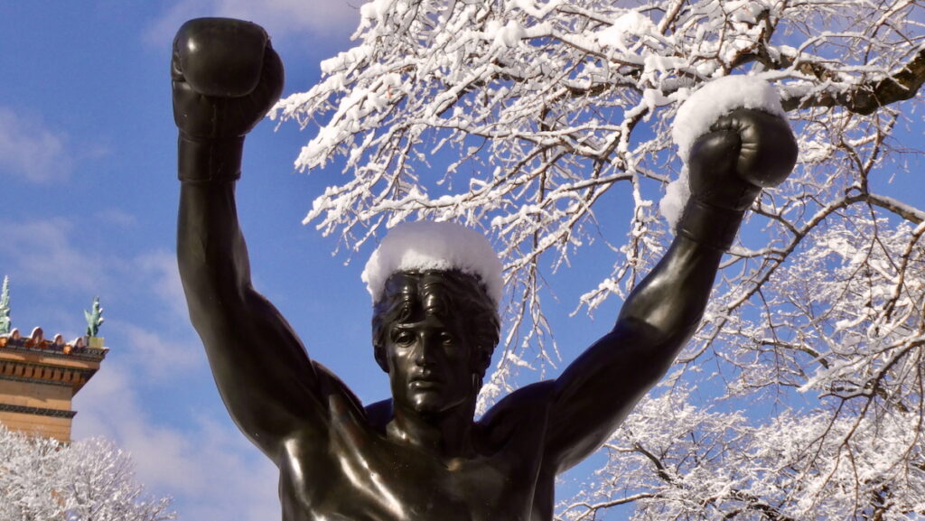 2025 12 14-c sharber-philadelphia rocky statue-show The statue of Rocky Balboa which sits in front of the Philadelphia Museum of Art is covered in a little snow after a winter storm.