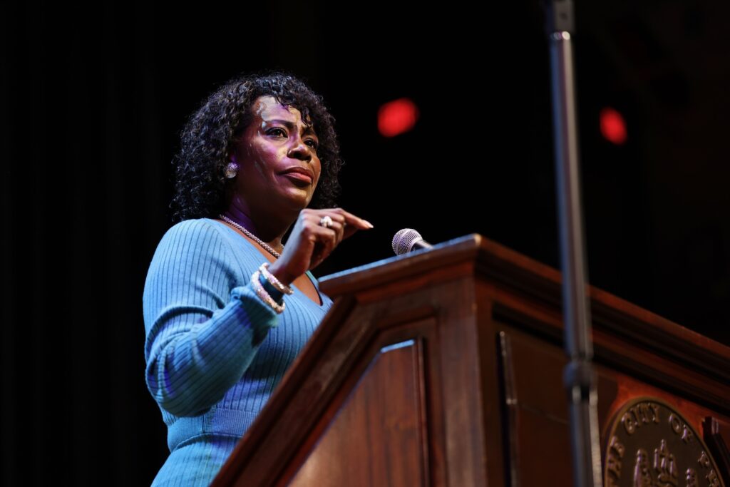 2025 12 19-e lee-cherelle parker-philadelphia temple performing arts center-state of the city point Cherelle Parker is on stage speaking at a podium