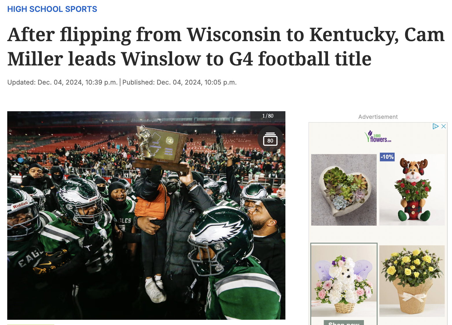 Headline from Courier Post discussing Winslow Eagles alum Cam Miller's committement to Kentucky.