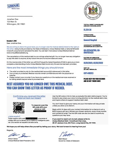 A sample letter stating that a Delaware resident is relieved of their medical debt