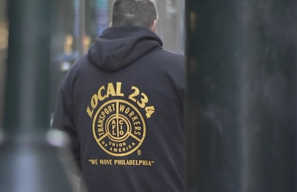 septa-twu-6abc-2025-12-05 A man wearing a sweatshirt with the Local 234 logo on it