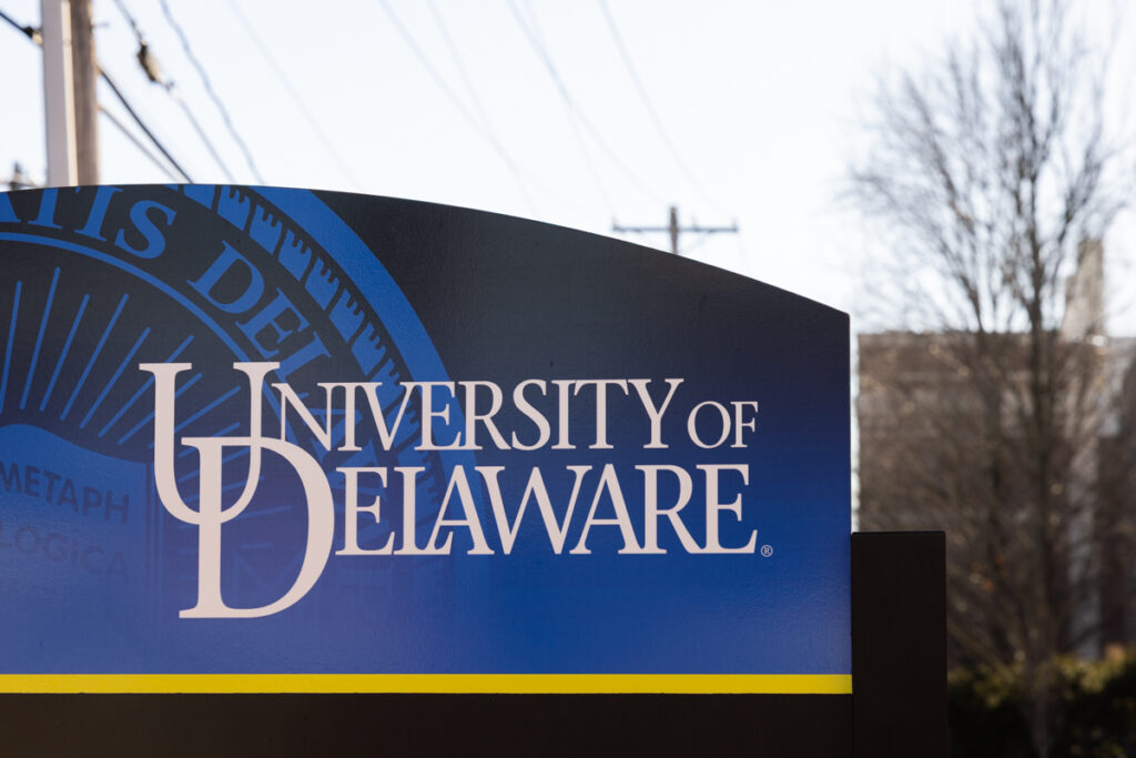 The University of Delaware in Newark, Del. (Kimberly Paynter/WHYY) A sign welcomes at the University of Delaware campus