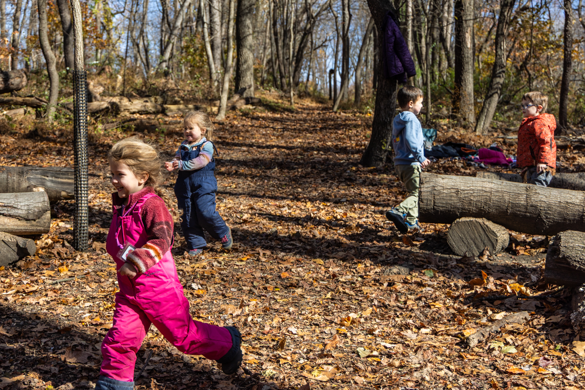 Children at the Schuylkill Center’s Nature Preschool play freely in the woods