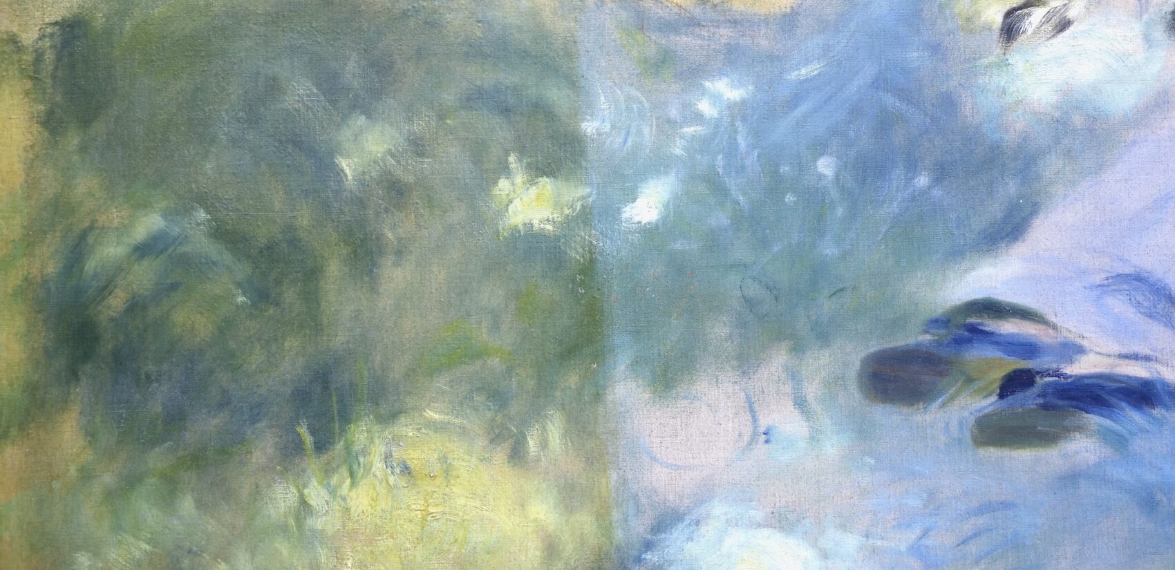 A detail from Pierre-Auguste Renoir's ''The Henriot Family shows the dramatic change in blueness and brightness when the thick resin varnish is removed