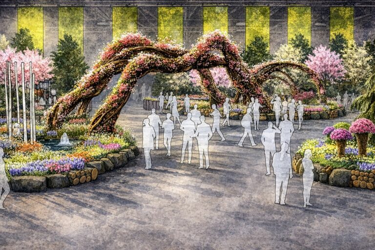A rendering previews the 2026 Philadelphia Flower Show entrance garden