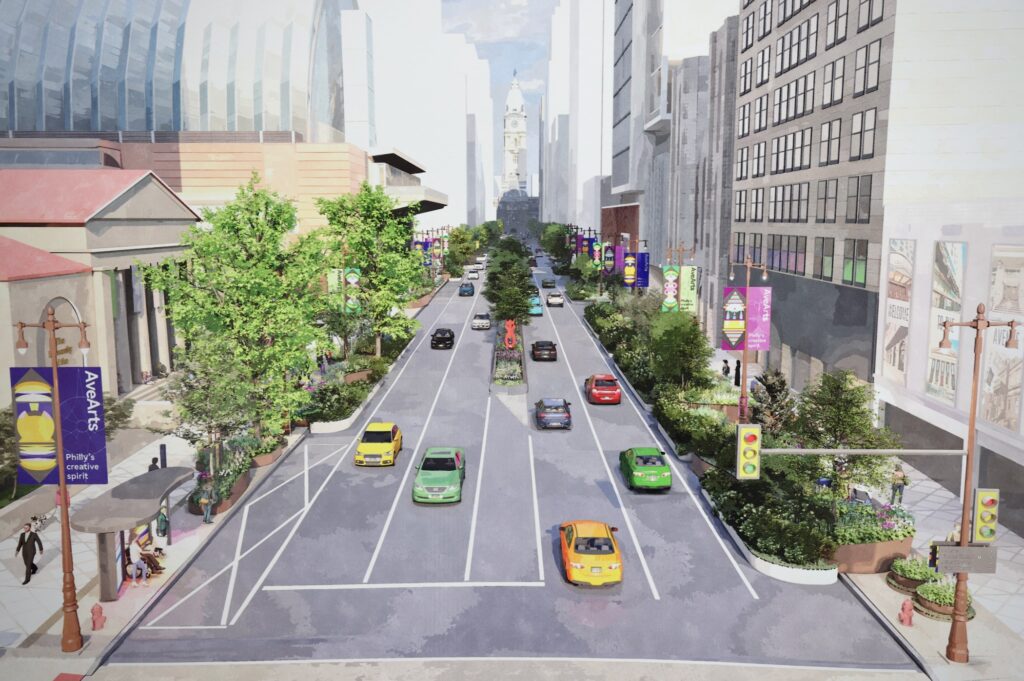 2026 01 14-provided-philadelphia kimmel center-avenue of the arts improvement rendering A rendering of what South Broad Street would look like facing North, with large sections with trees and bushes on either side of the street and the median.