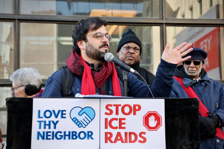 Dr. Ahmet Tekelioglu speaks at an anti-ICE rally on MLK Day in Philadelphia