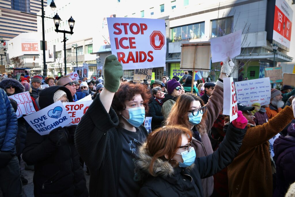 Hundreds of protesters gather outside the Philadelphia Immigration Court at 9th and Market streets