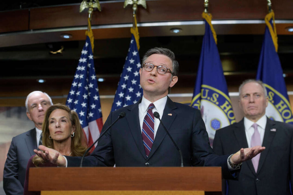 House Republicans Speaker of the House Mike Johnson, R-La., second from right, is joined by from left: Rep. Mario Diaz-Balart, R-Fla., House Republican Conference Chairwoman Lisa McClain, R-Mich., and House Majority Leader Steve Scalise, R-La., during a news conference at the Capitol, Wednesday, Jan. 7, 2026, in Washington. (AP Photo/Rod Lamkey, Jr.)