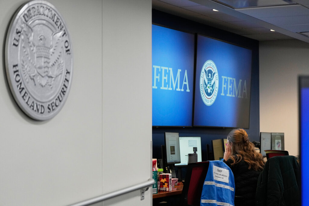 Winter Weather Washington A person works at Federal Emergency Management Agency headquarters