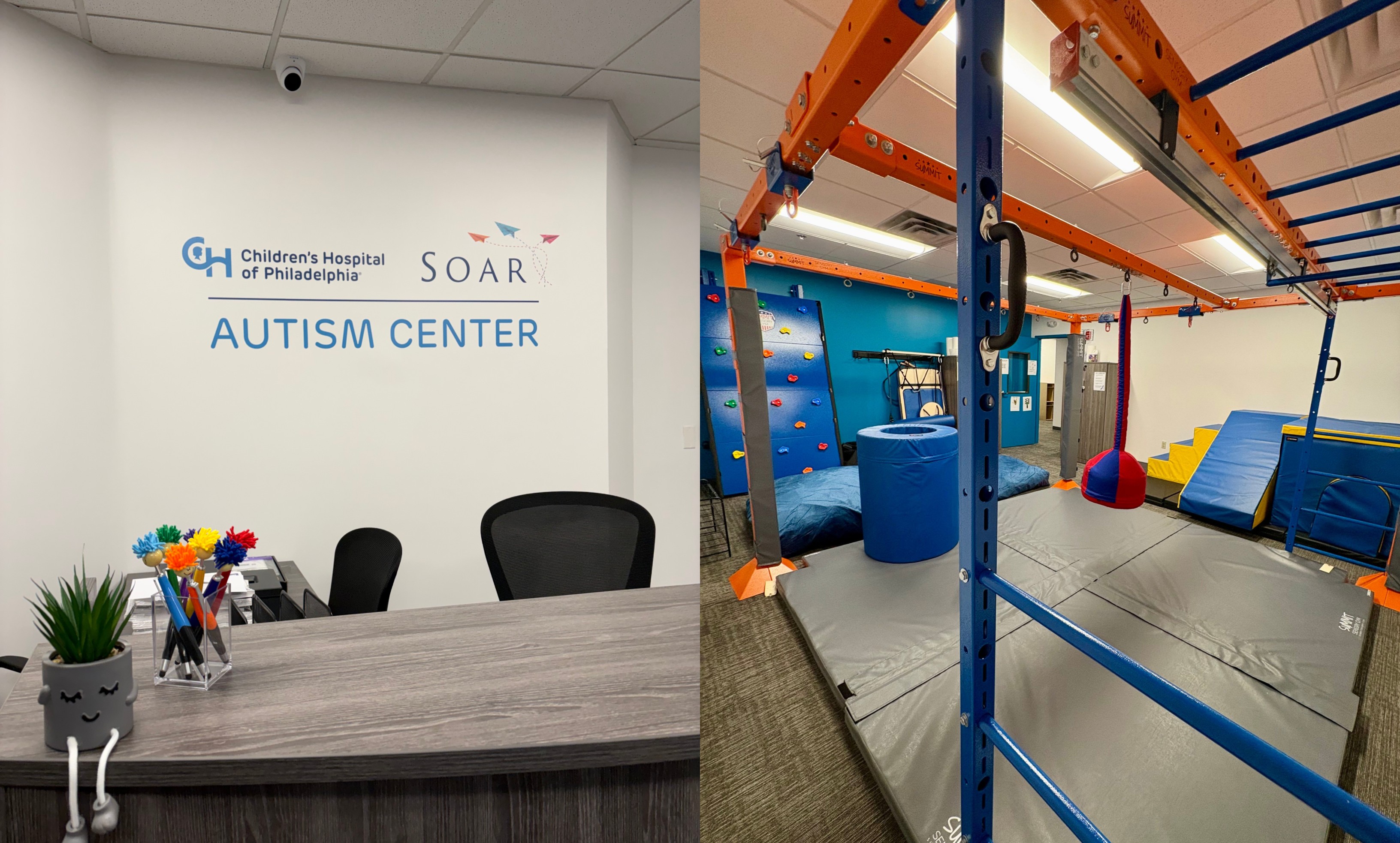 a CHOP-Soar Autism Center reception desk and play area in side by side photos