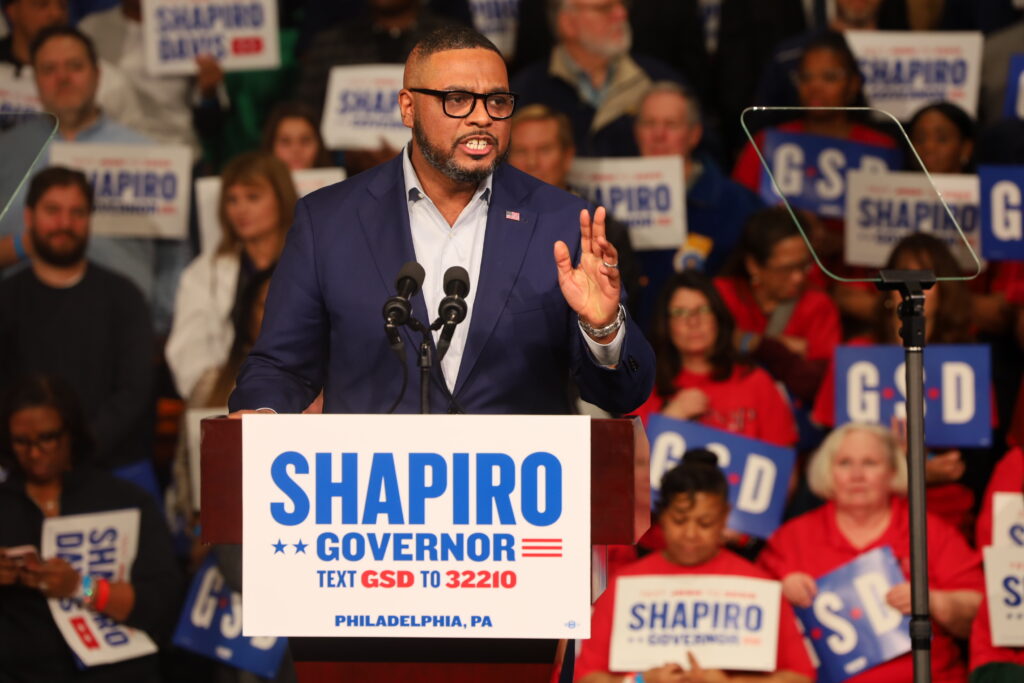 Lt. Gov. Austin Davis addresses the crowd as he and Gov. Josh Shapiro announce their campaign for reelection.