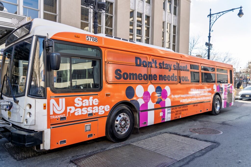 NJ Transit anti-human trafficking One of two NJ Transit buses wrapped in anti-human trafficking messaging