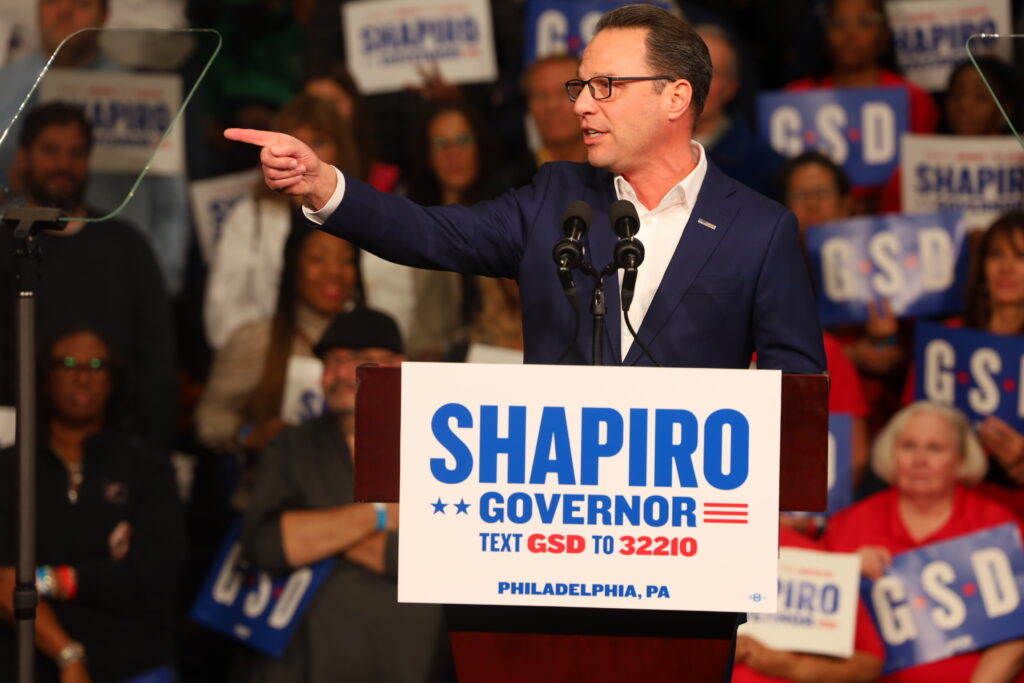 Gov. Josh Shapiro speaks to the crowd at a reelection campaign rally in North Philly.