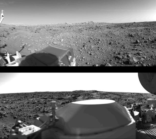 The first panoramic view of the surface of Mars captured by Viking 1. On the left-hand side of the top photo is the housing for the Viking's sample arm (a robotic arm that scooped up Martian soil for analysis). The upper right of the bottom photo shows the high-gain dish antenna for direct communication between the lander and Earth. (NASA)