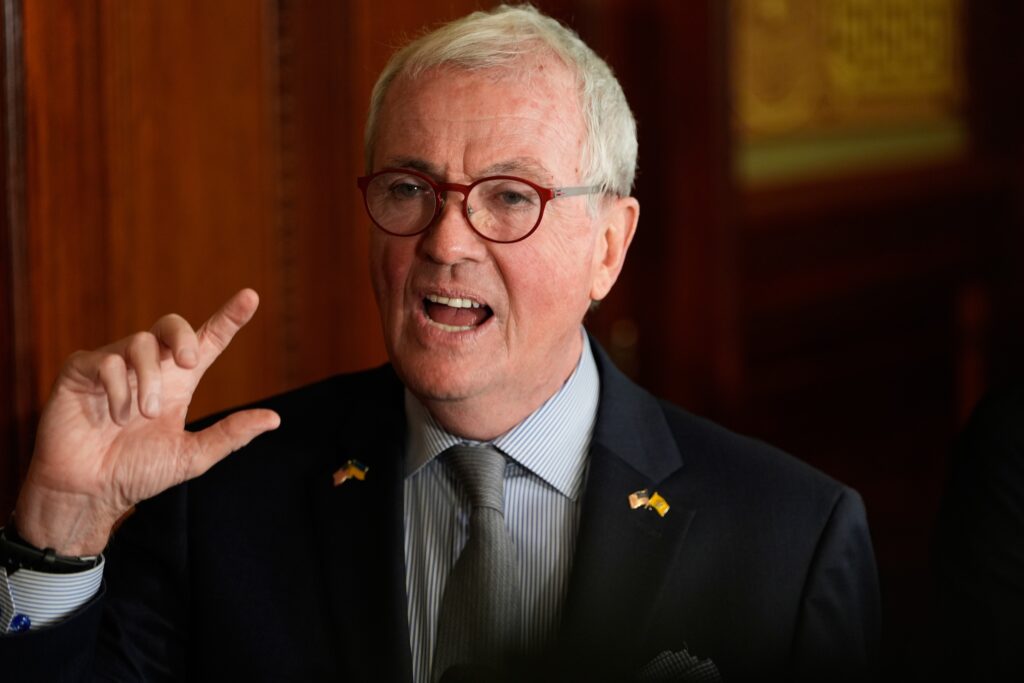 Cellphones in School Phil Murphy expressively speaking during a press conference