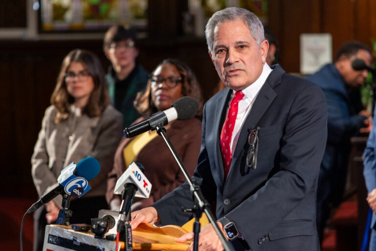 Philadelphia District Attorney Larry Krasner holds a press conference
