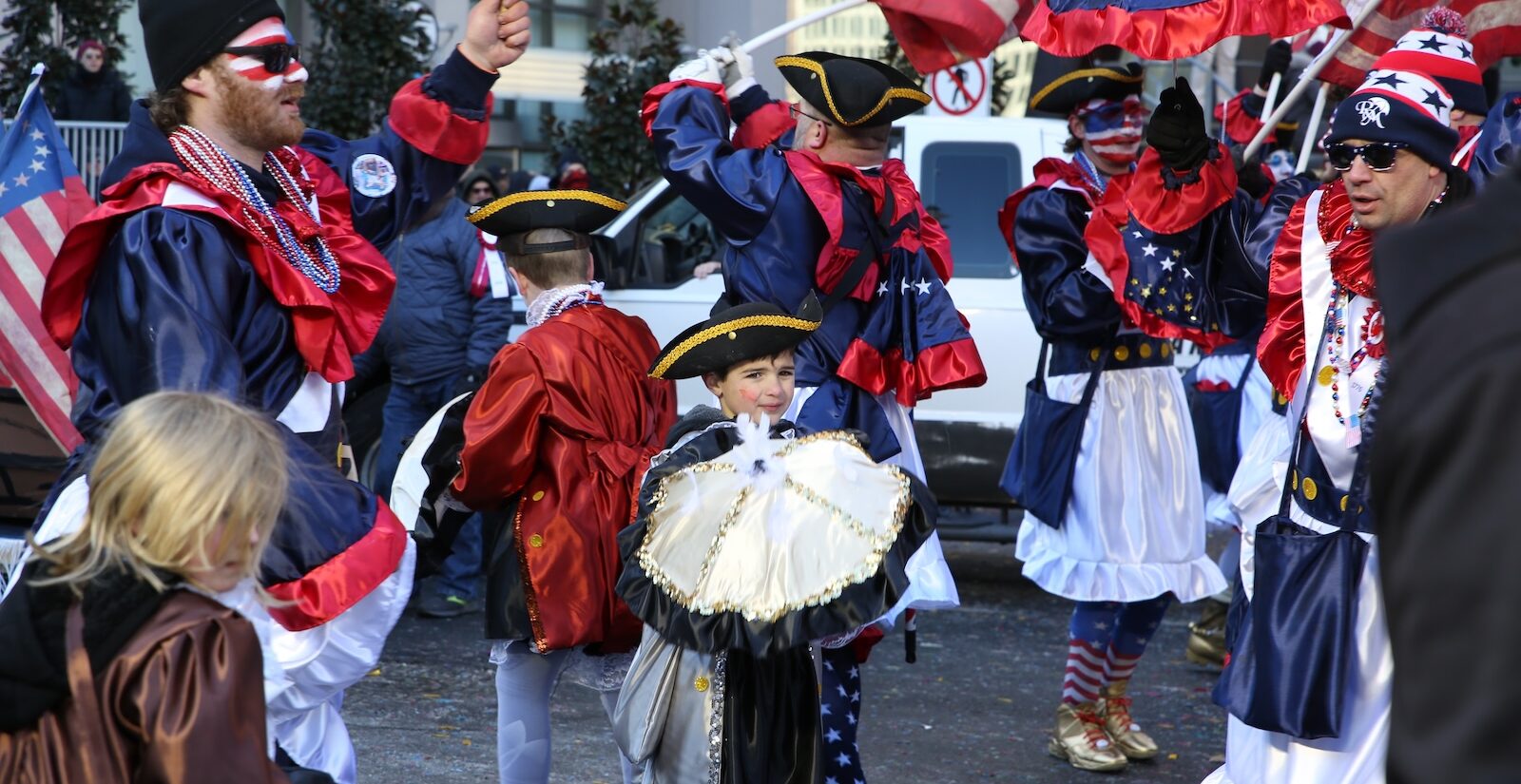 Patriotic performers are seen at the 125th Mummers Parade in Philadelphia on Jan. 1, 2026.