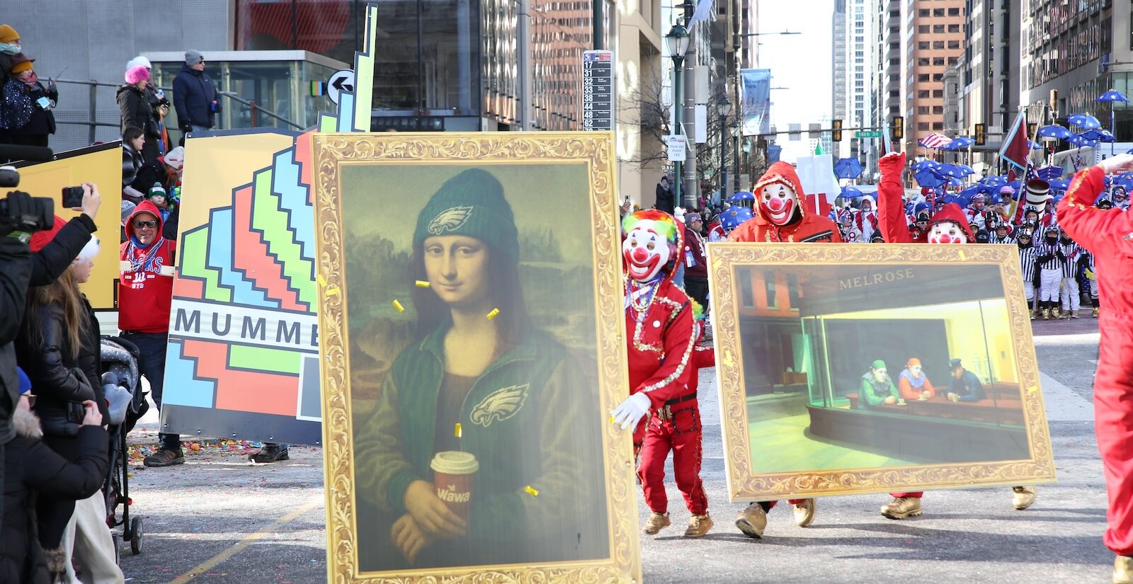 Philadelphia-inspired classic works of art are seen at the 2026 Mummers Parade in Philadelphia.