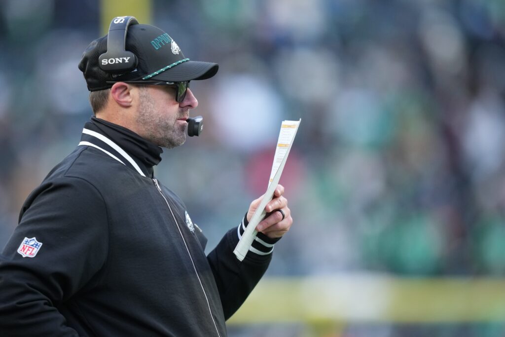 Raiders Eagles Football Philadelphia Eagles' offensive coordinator Kevin Patullo coaches