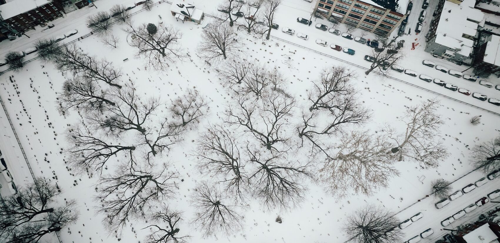 An aerial view shows Palmer Cemetery in Fishtown blanketed with snow on Jan. 25, 2026.