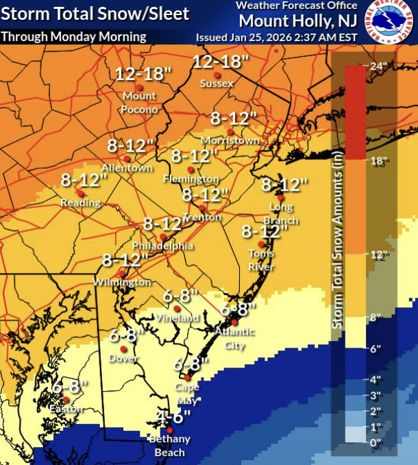 A National Weather Service forecast map shows the Philadelphia region is anticipating heavy snowfall this weekend.