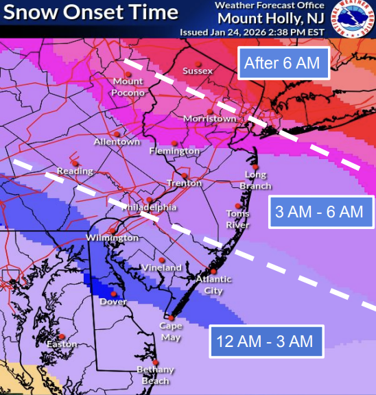 A National Weather Service forecast map shows the timing of a major snow storm in the Philadelphia region, which will see snowfall overnight into Sunday morning; snow will shift to sleet in the afternoon, particularly in areas further south