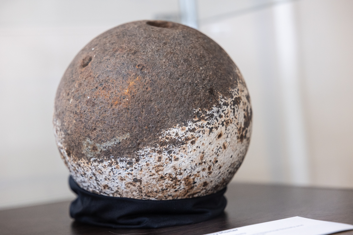 A 42-pound navy mortar from the Iron Works Hill on display in the Burlington County Joins the Revolution exhibit in the Warden’s House Gallery in Mt. Holly, N.J.