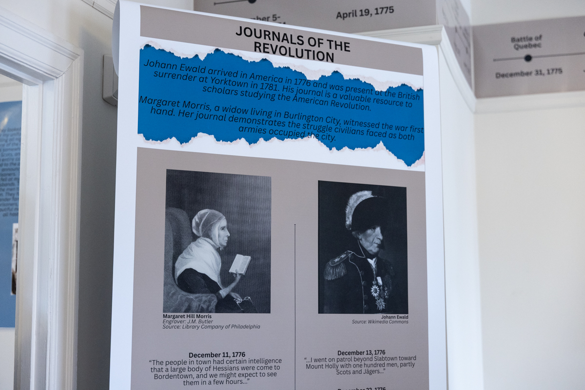 A panel from the Burlington County Joins the Revolution features journal entries from Johann Ewald and Margaret Morris