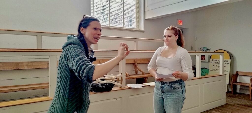 2026 02 19-p crimmins-johanna dunphy susanna cooke-philadelphia free quaker meetinghouse-historic philadelphia actor training Johanna Dunphy (left) speaking to Kaitlin Healy (right) and others