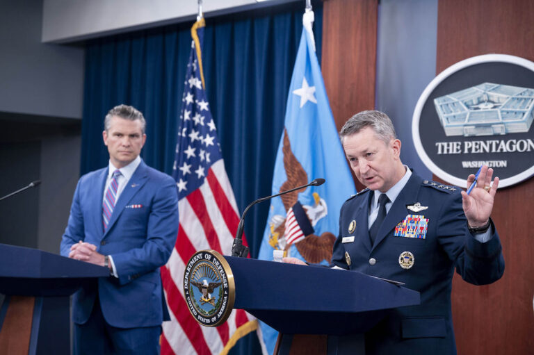 Joint Chiefs Chairman Gen. Dan Caine spoke at a news conference with Defense Secretary Pete Hegseth at the Pentagon, after the US struck Iran last year. (AP Photo/Kevin Wolf)