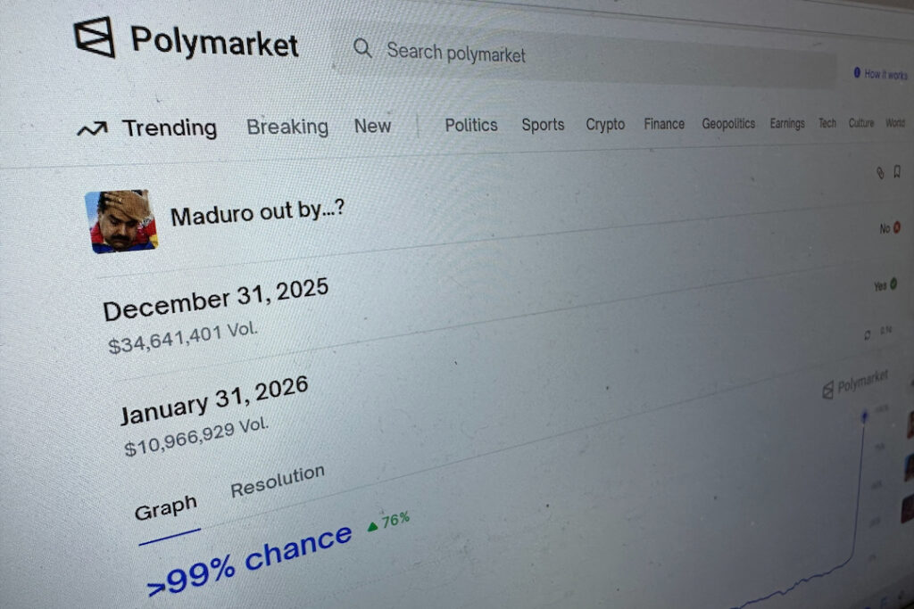 Maduro Prediction Markets The Polymarket prediction market website is seen on a computer screen, Sunday, Jan. 11, 2026, in New York. (AP Photo/Wyatte Grantham-Philips)