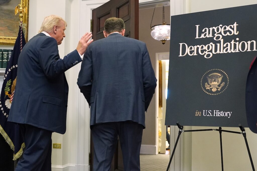 Trump Climate President Donald Trump departs with Environmental Protection Agency director Lee Zeldin and Office of Management after announcing the EPA will no longer regulate greenhouse gases, in the Roosevelt Room of the White House, Thursday, Feb. 12, 2026, in Washington. (AP Photo/Evan Vucci)
