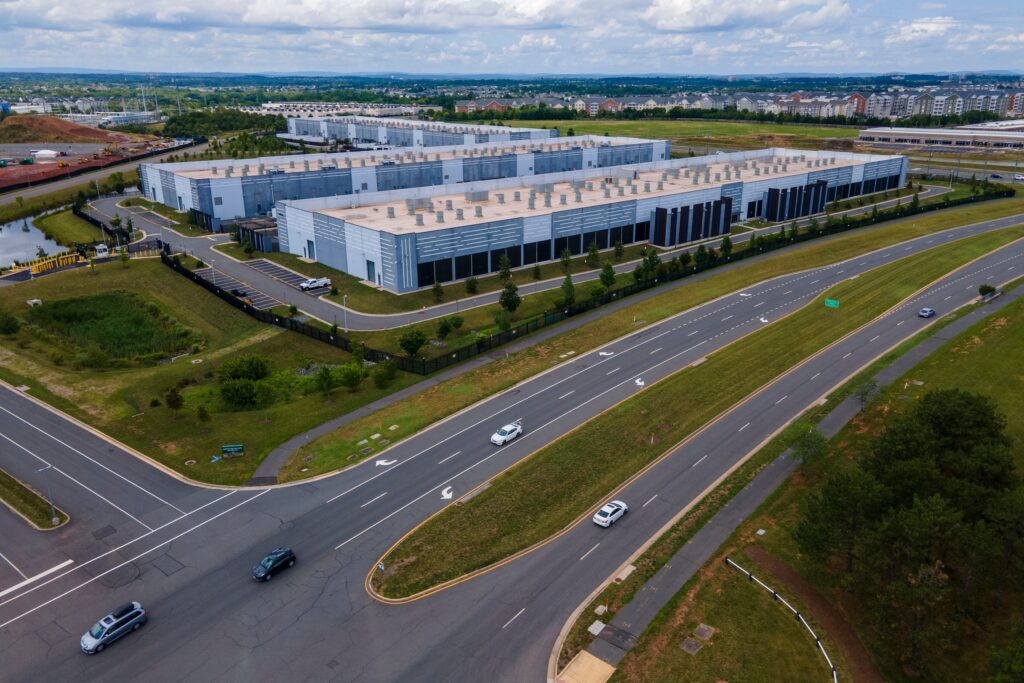 A large industrial complex near a suburban area